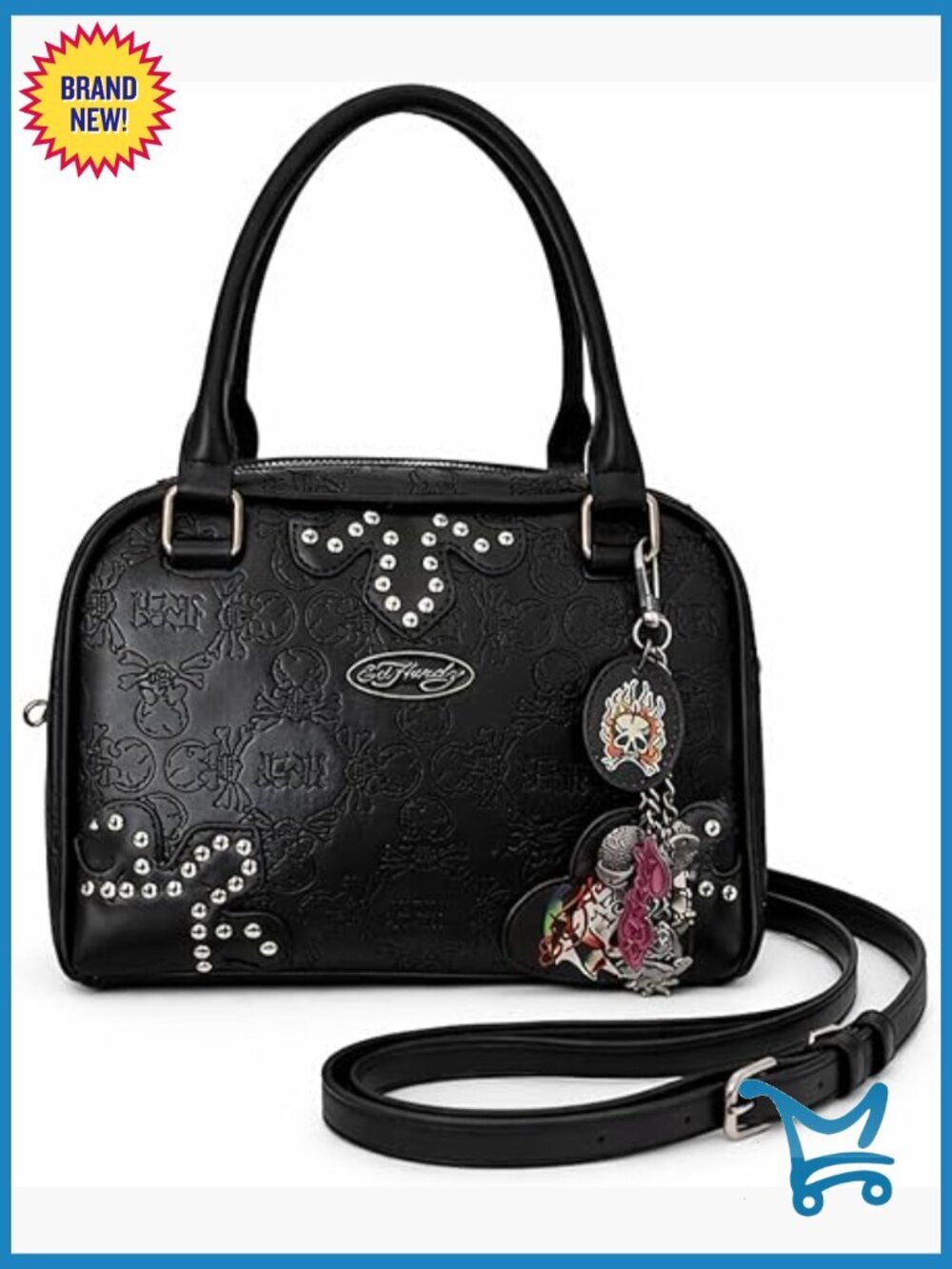 Vegan Leather Satchel with Detachable Crossbody Strap, Studded Skull Design